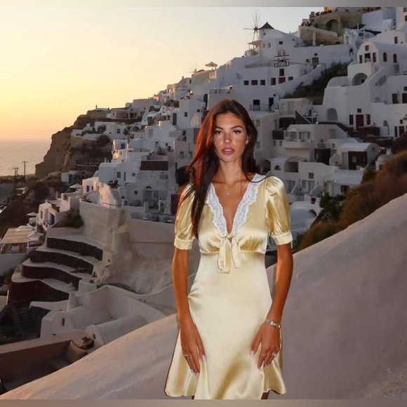 New Reformation Avin Silk Mini Dress Blonde - Picture 7 of 16